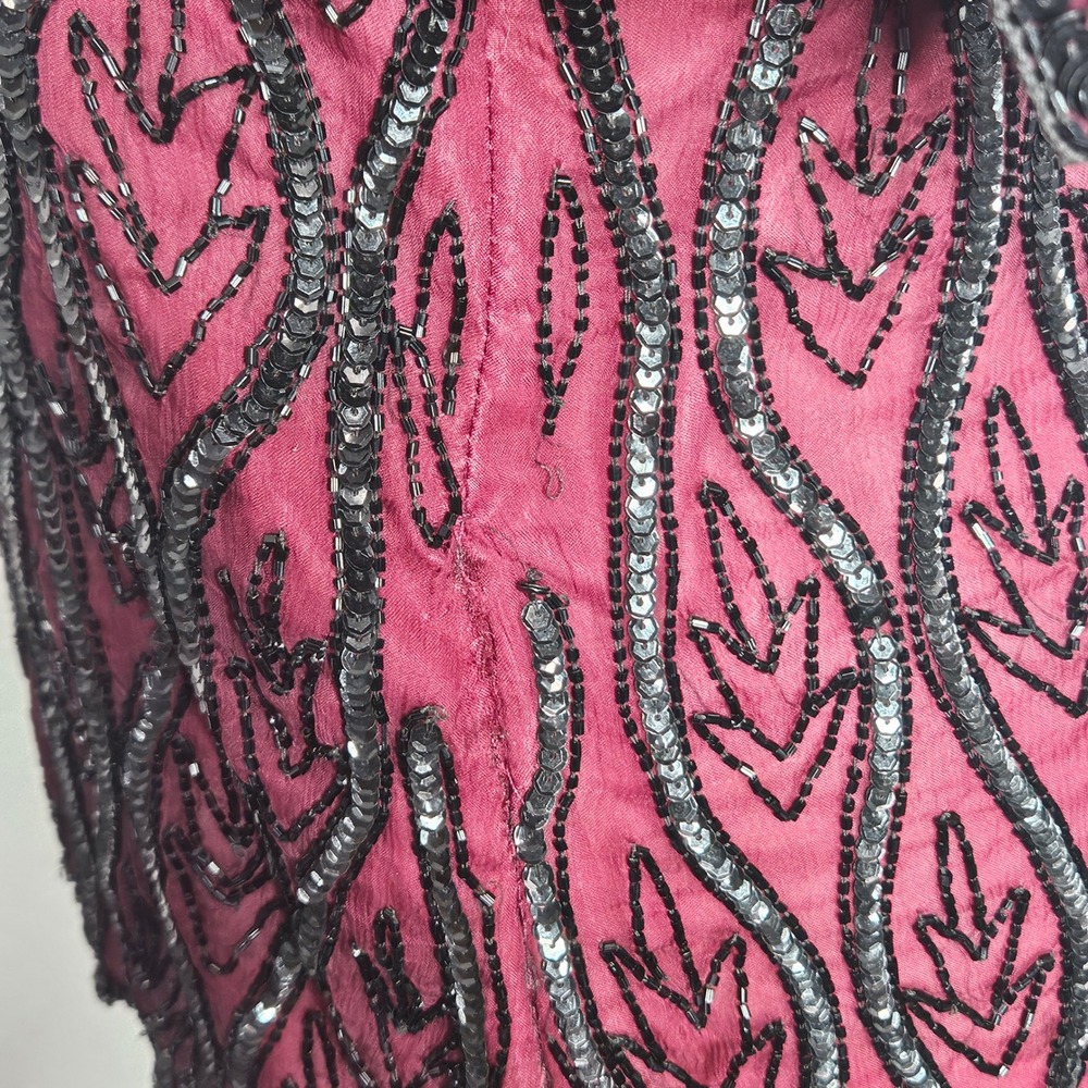 Stenay Petite Vintage Beaded Sequin Silk Blouse Burgundy‎ Black Scalloped PL - Picture 5 of 10